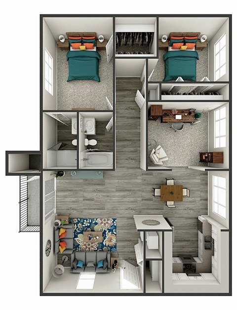Floor plan for 2 beds, 2 baths, 1165 sqft
